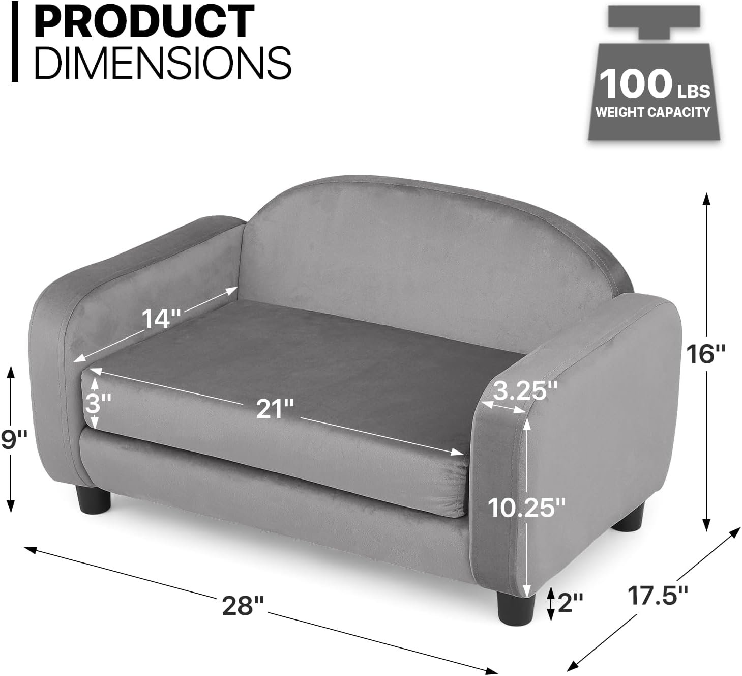 Pet Sofa Dog Couch for Small Dogs and Cats, Velvet Cat Couch Bed with Removable Cushion, Washable Cover, Light Gray - Image 2