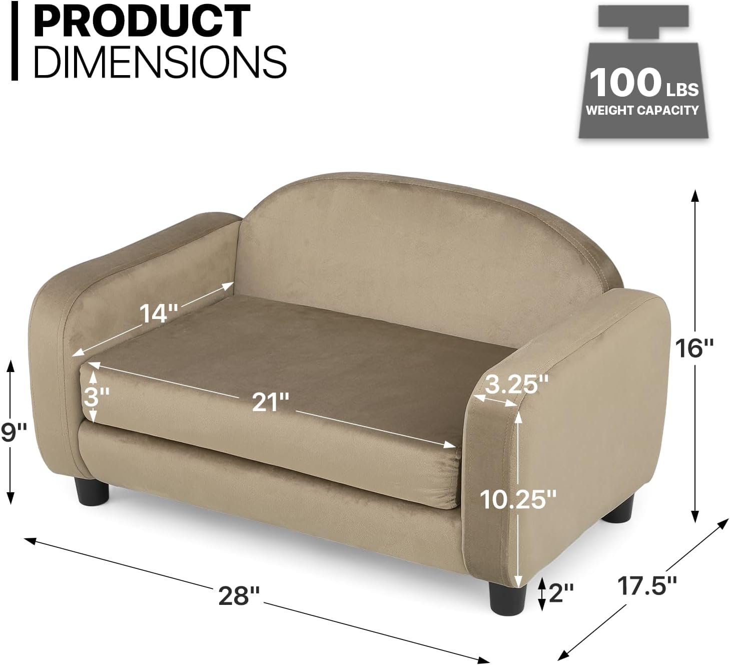 Pet Sofa Dog Couch for Small Dogs and Cats, Velvet Cat Couch Bed with Removable Cushion, Washable Cover, Light Brown - Image 2