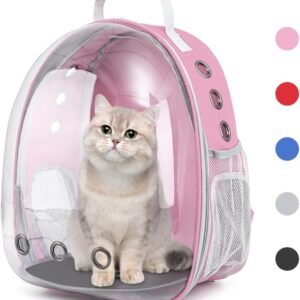 Pet Backpack Carrier with Harness Backpack with Bubble Clear Front for Cats, Small Dogs, Bunnies etc with Harness Included, Pet Carrier for Traveling, Walking, Hiking and Outdoor Activities