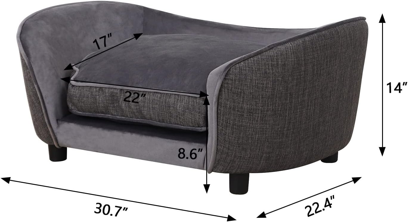 Pet Sofa Bed/Velvet & Linen Fabric Pet Couch with Removeable & Washable Cushion for small Dogs Cats (Gray) - Image 2