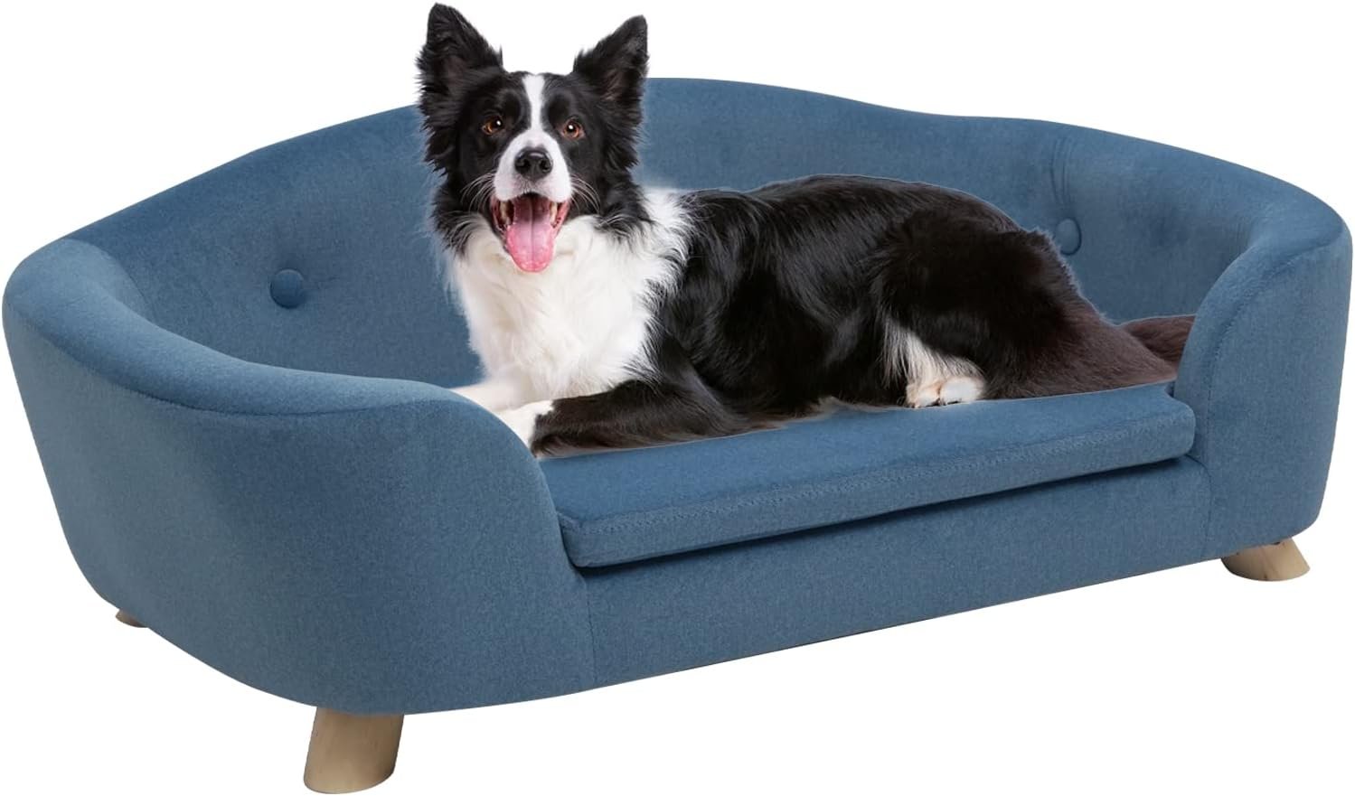 Large Dog Couch, 35" Wide Pet Sofa for Large and Medium Dogs with Removable Mattress Cover, Raised Dog Couch Velvet Lounging Bed with Anti-Slip Bottom(Navy Blue)