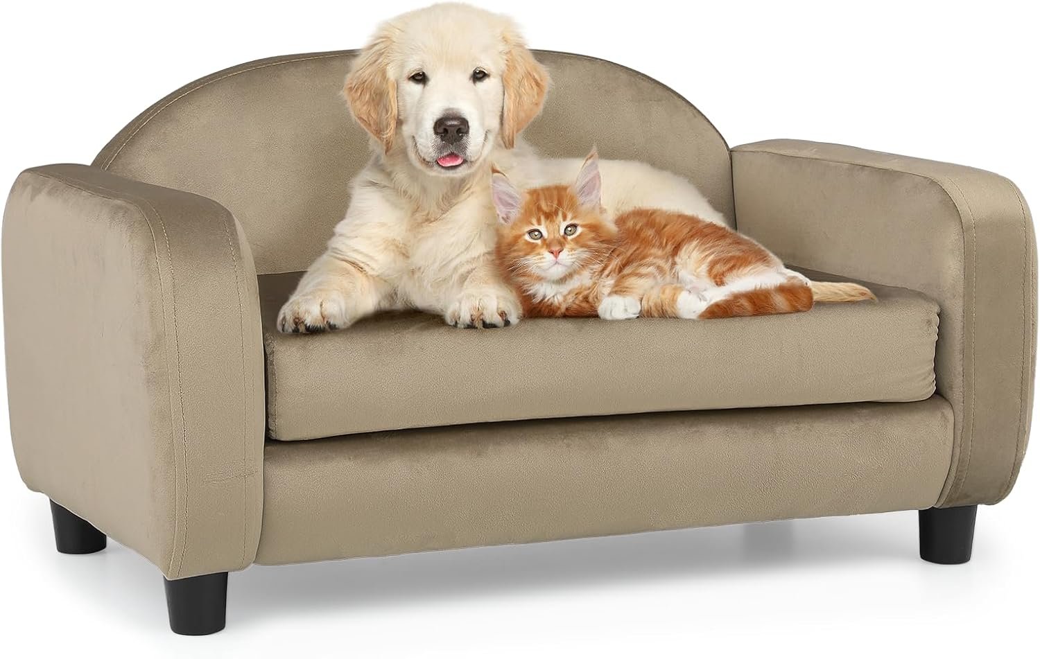 Pet Sofa Dog Couch for Small Dogs and Cats, Velvet Cat Couch Bed with Removable Cushion, Washable Cover, Light Brown