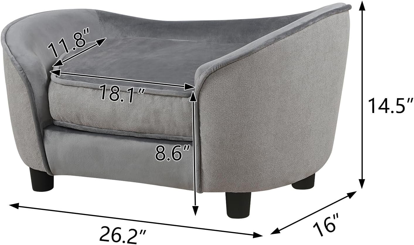 Pet Sofa Bed, Velvet & Linen Fabric Pet Couch Chair with Removeable & Washable Cushion for Small Dogs Cats (Light gray) - Image 2