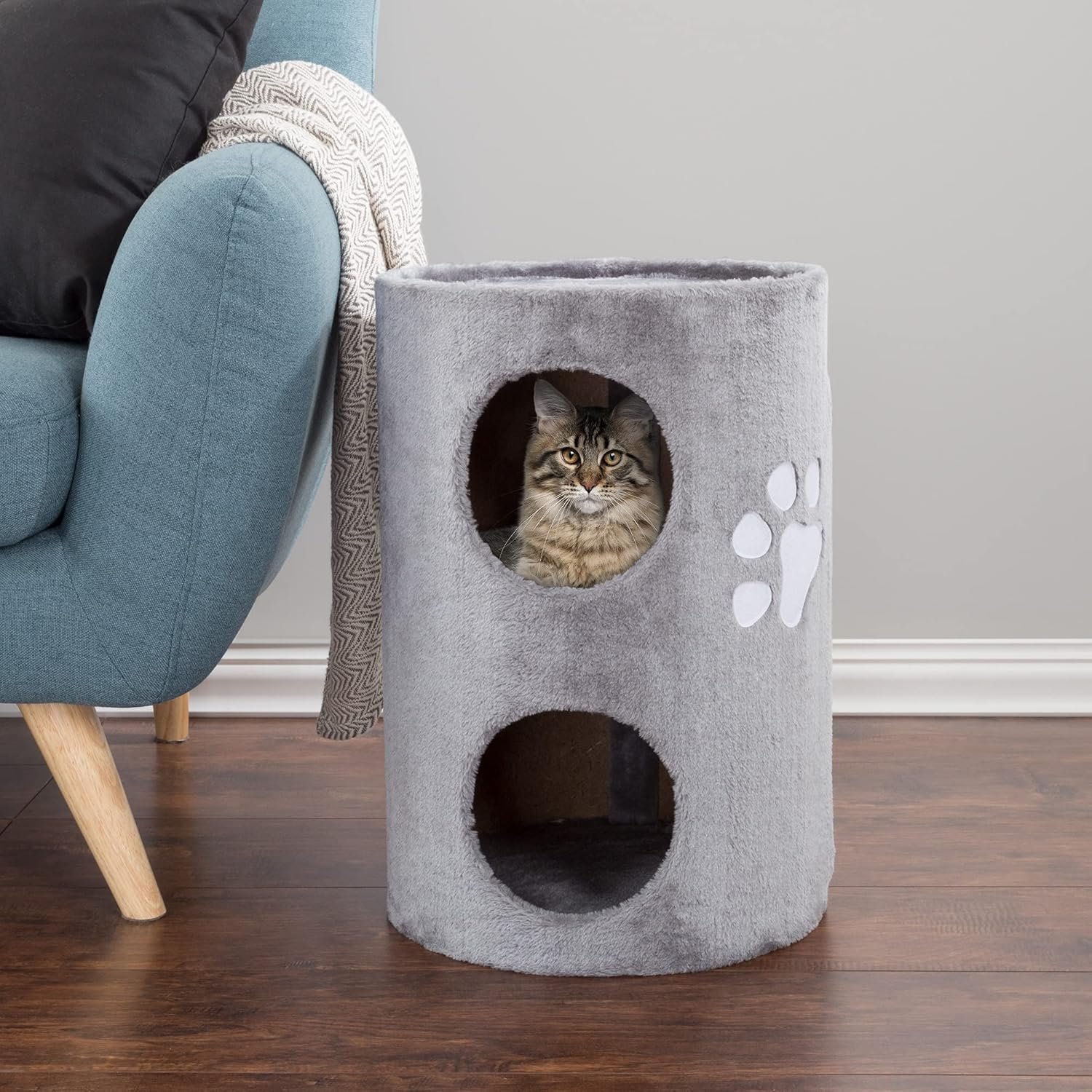 20.5-Inch Cat Condo - 2 Story Cat House with Sisal Scratch Pad, Barrel Shaped Pet House Covered in Soft Fabric by (Gray) - Image 2